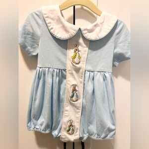 Girls smocked Blue Baby Romper bubble with Bunny Embroidery